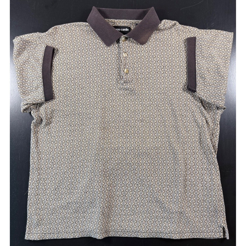 Vintage Pierre Cardin Knit Polo XL Mens Brown Tan Diamond Pattern Grandpa Core